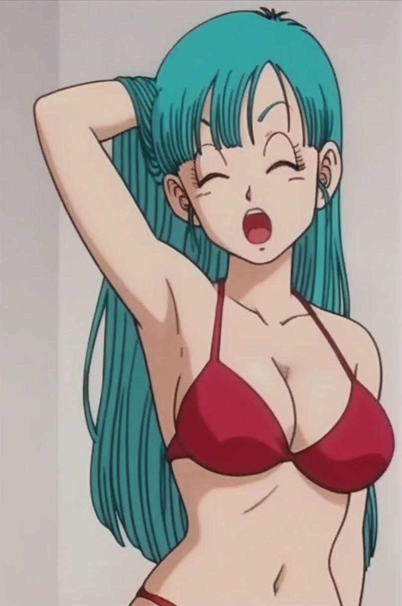 source_anime, score_9, score_8_up, score_7_up, anime screencap, 
bulma \(dragonball\), 1girl, solo, very long hair, looking at viewer, bangs, closed eyes, red bikini, standing, upper body, moaning, horny facial expression, slutty, sexy, aqua hair, collarbone, arms by side, big breasts,