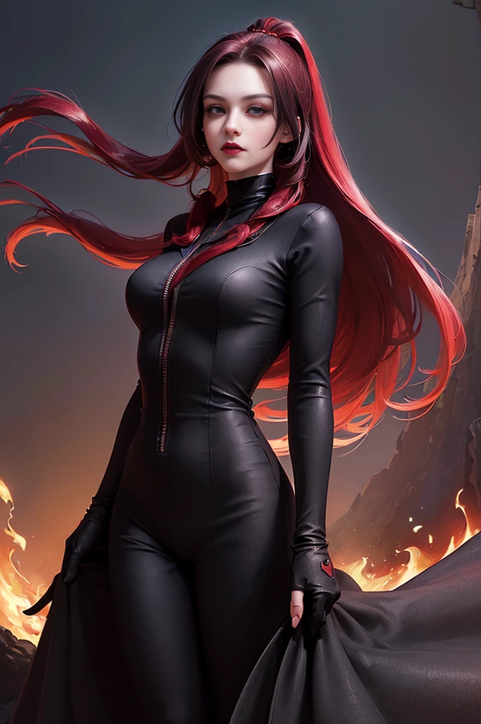 (skindentation:1.5), Realistic, Photorealistic, (masterpiece:1.5), concept art, intricate details, highly detailed, photorealistic, octane render, 8k, unreal engine, dynamic pose, best quality, highres, (realistic face:1.1), (hyperrealistic:1.1), (((full_body))), perfect eyes,(shiny skin:1.2), (((hairstyle))), (((perfect handtremely detailed background), ((dynamic background)), ((1girl)), (((wearing black jumpsuit, dark red bootlowing jacket))), ((detailed eyes, high quality eyes, high quality face)), (extremely intricate jacket), long black hair, dramatic, depth of field, bokeh, 4k, (((underworld))), ((standing pose)), (((black magic witch))), fierce eyes