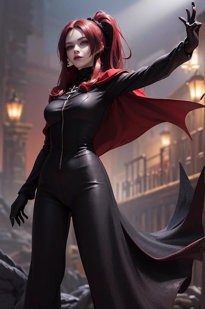 (skindentation:1.5), Realistic, Photorealistic, (masterpiece:1.5), concept art, intricate details, highly detailed, photorealistic, octane render, 8k, unreal engine, dynamic pose, best quality, highres, (realistic face:1.1), (hyperrealistic:1.1), (((full body))), perfect eyes,(shiny skin:1.2), (((hairstyle))), (((perfect handtremely detailed background), ((dynamic background)), ((1girl)), (((wearing black jumpsuit, dark red long wizard cape))), ((detailed eyes, high quality eyes, high quality face)), (extremely intricate cape), red long hair, ((two low ponytails)), dramatic, depth of field, bokeh, 4k, (((underworld))), (((black magic witch))), (((fierce eyes))), ((dark eye liners and eye shadow)), ((floating in the air))