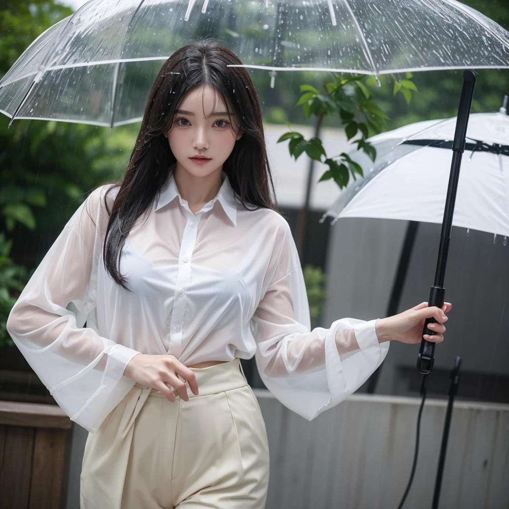 Hair getting wet in the rain、Transparent shirt、Beautiful woman getting wet in the rain、typhoon、Get wet without an umbrella、Beautiful woman in the rain、雨で濡れたBeautyOL、Detailed face、Realistic、beautiful girl、Beauty、Office Lady Uniform、beauty、Beautiful woman、Narrow waist、Handsome woman、Tight pants look、suit、Sexy pose、タイトなsuitパンツ、雨で濡れたsuit、Wet shirt、See-through shirt、Shot in heavy rain、See-through underwear