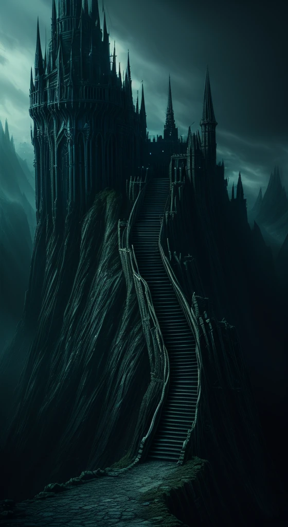 arafed image of a stairway leading to a castle in a dark forest, an ominous fantasy illustration, dark fantasy environment, dark fantasy landscape, dark fantasy background, dark fantasy atmosphere, scary magical background, dark ruins landscape, dark castle background, dark fantasy illustration, dark fantasy artwork, dark fantasy setting, medieval dark fantasy, dark fantasy style art, grimdark matte fantasy painting