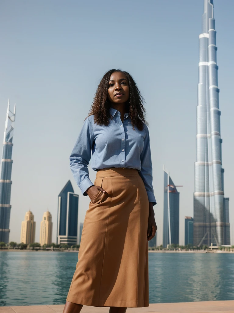 Zainab, 1girl, solo, ((Sudanese woman)), consistent face and body, ((MILF)), ((50 years old)), (mature), ((slim)), ((Sudanese face)), (Sudanese nose), (Sudanese lips), upper body and upper legs, (background: Burj Khalifa in Dubai), BREAK, (wearing stylish Generation Z modern wear and skirt)