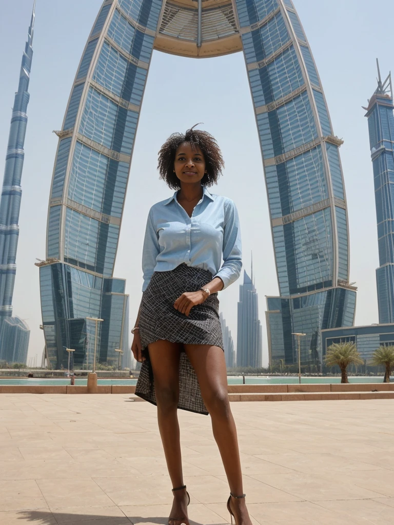Zainab, 1girl, solo, ((Sudanese woman)), consistent face and body, ((MILF)), ((50 years old)), (mature), ((slim)), ((Sudanese face)), (Sudanese nose), (Sudanese lips), upper body and upper legs, (background: Burj Khalifa in Dubai), BREAK, (wearing stylish Generation Z modern wear and skirt)