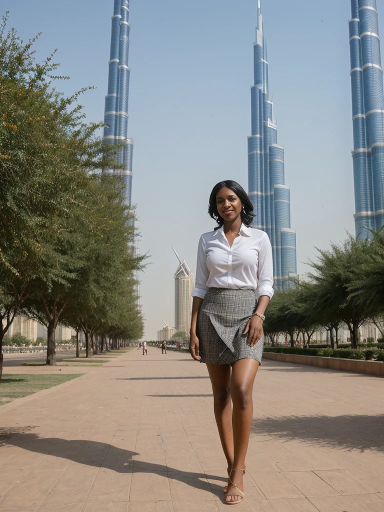 Zainab, 1girl, solo, ((Sudanese woman)), consistent face and body, ((MILF)), ((50 years old)), (mature), ((slim)), ((Sudanese face)), (Sudanese nose), (Sudanese lips), upper body and upper legs, (background: Burj Khalifa in Dubai), BREAK, (wearing stylish Generation Z modern wear and skirt)