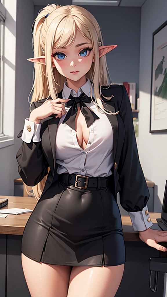 20 year old girl, black office miniskirt, white transparent blouse unbuttoned, Elf's ears, naked