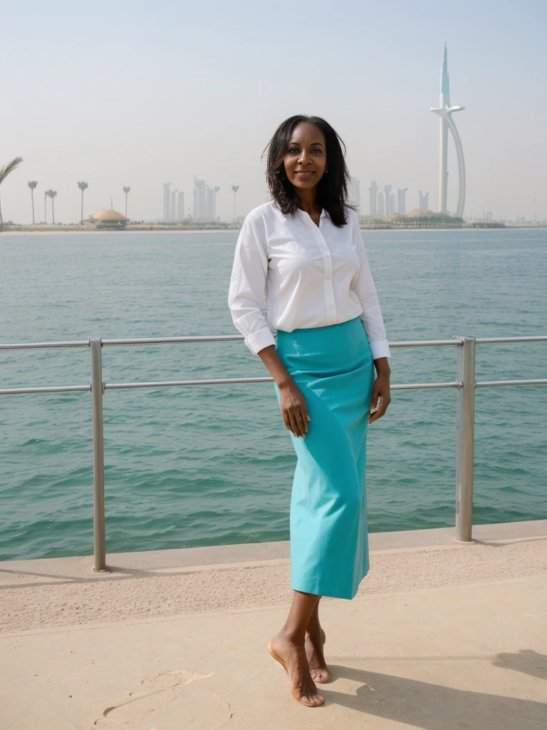 Zainab, 1girl, solo, ((Sudanese woman)), consistent face and body, ((MILF)), ((50 years old)), (mature), ((slim)), ((Sudanese face)), (Sudanese nose), (Sudanese lips), upper body and upper legs, (background: The Palm Jumeirah in Dubai), BREAK, (wearing stylish Generation Z modern wear and skirt)