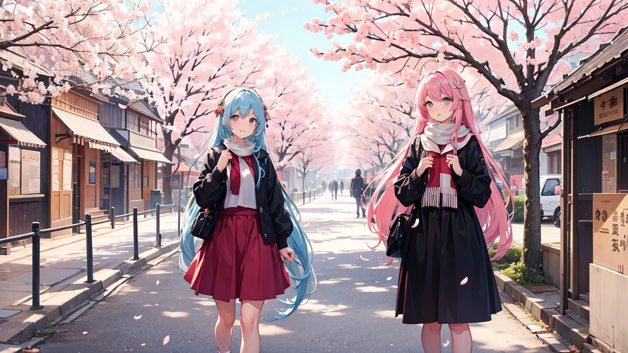The girl with long flowing hair feels very cool walking on the street of cherry blossom trees