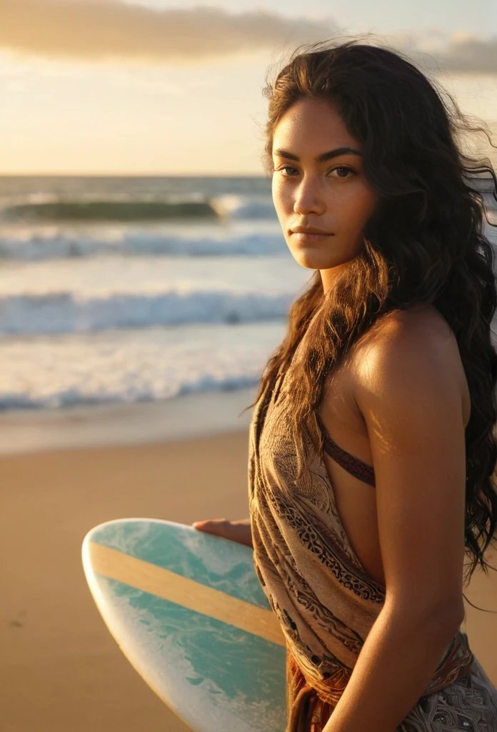 Half body shot photo of a beautiful maori young woman in a traditional attire. She has a long wavy black hair tousled by ocean breeze. She is standing by the beach, hugging a surfboard. Natural back lighting at golden hours.