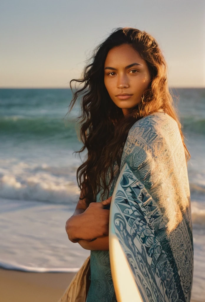 Half body shot photo of a beautiful maori young woman in a traditional attire. She has a long wavy black hair tousled by ocean breeze. She is standing by the beach, hugging a surfboard. Natural back lighting at golden hours.