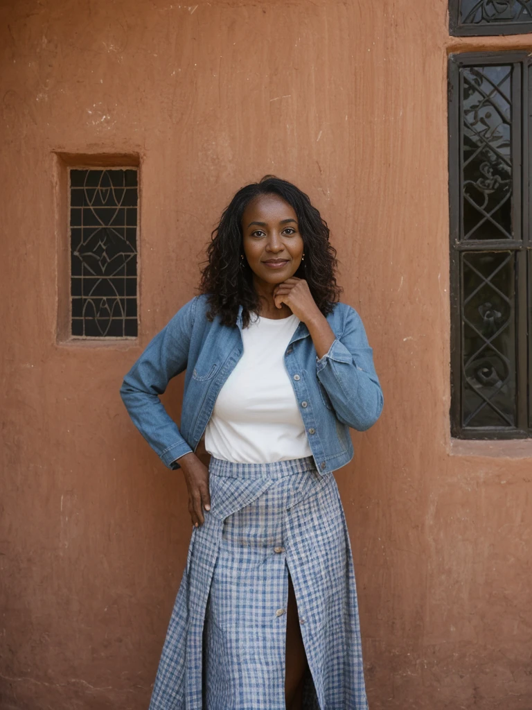 Zainab, 1girl, solo, ((Sudanese woman)), consistent face and body, ((MILF)), ((50 years old)), (mature), ((slim)), ((Sudanese face)), (Sudanese nose), (Sudanese lips), upper body and upper legs, (background: Chefchaouen), BREAK, (wearing stylish Generation Z modern wear and skirt)