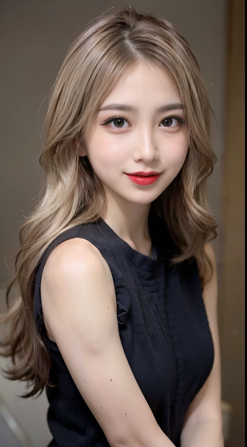 blush a little and smile, (Top quality masterpiece:1.2) Delicate illustrations, Very detailed, /Beautiful Japanese Woman、1 person,Very cute and slim、Great style 、((8k images、super high quality))、Very delicate face, Big Breasts、Skin and Hair、beautifule forehead、Red lipstick、(((((Mid-length hair、Blonde、lure))))),Very cute Japanese cut face、Eyes and nose are clearly visible、Kind eyes,((((Black sleeveless fashion))))