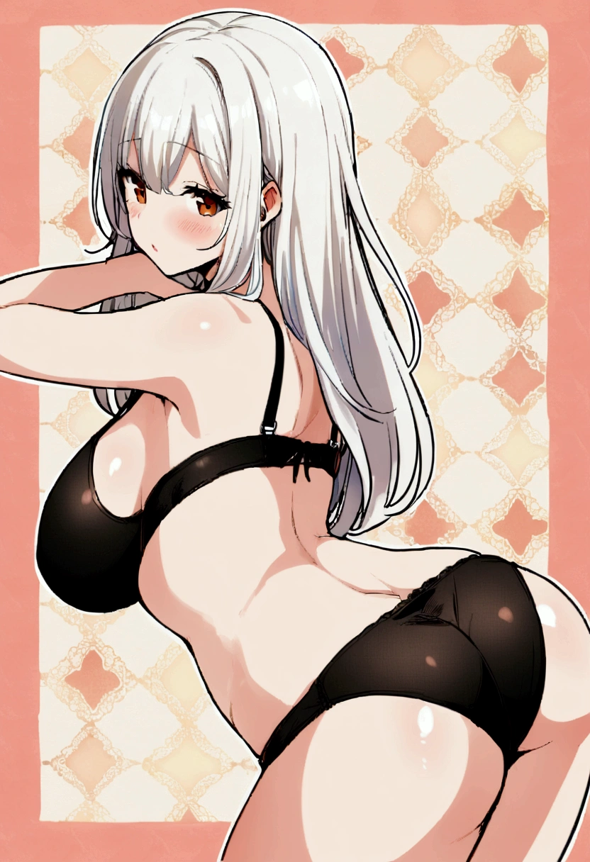 1 girl, big breasts, Black panties, black bra, doggystyle pose, back view, white long hair