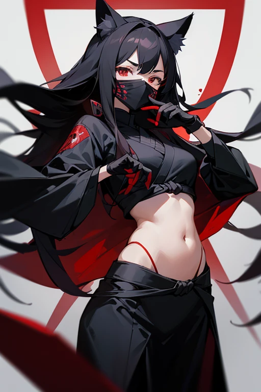 woman, cat ears, long hair, black hair with brown tips, red eyes, her clothes are ninja clothes, her clothes have a red outline, her clothes show her belly, she wears a black mask, her Mask covers his ears, gloves without the tips on his hands, the backdrop is spider lily flowers.