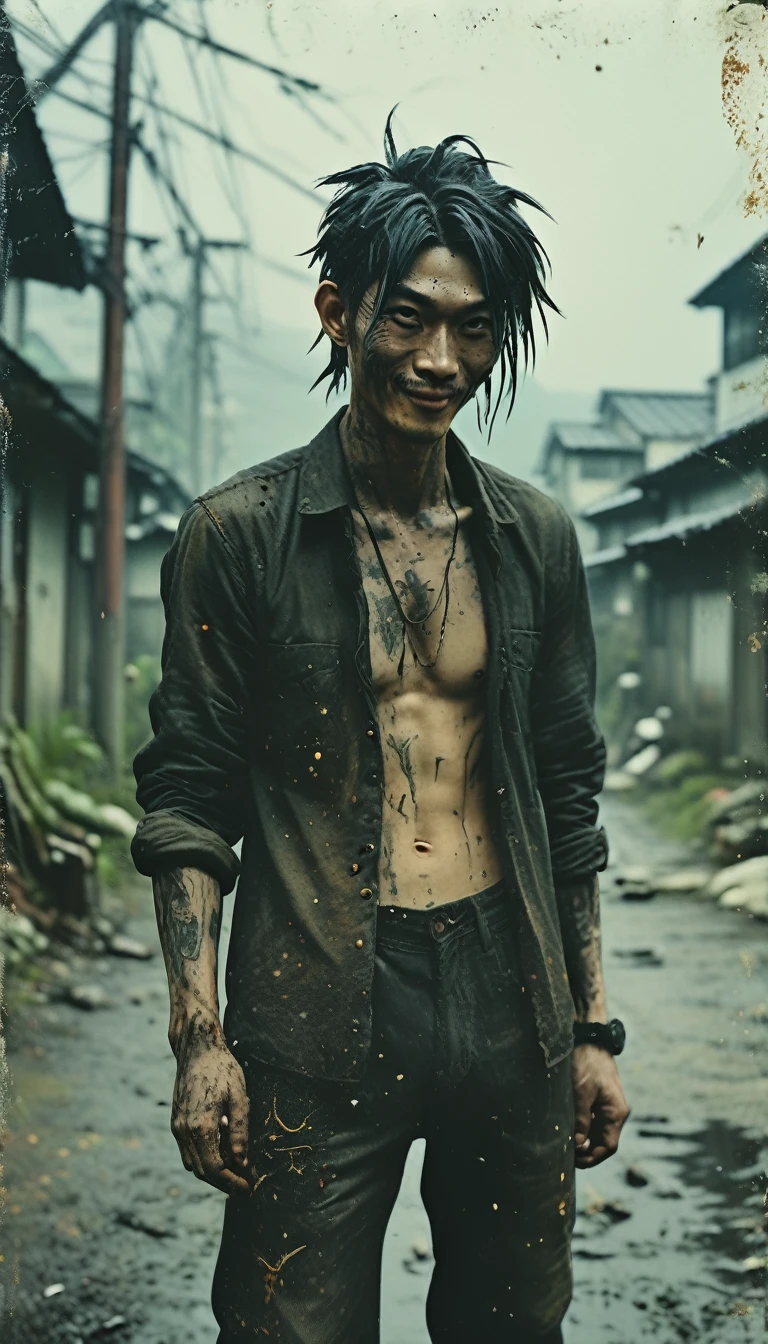 do, Highest quality, Realistic, Cinematic, Detailed face, 8k, Ultra-high resolution, シャープなフォーカスmovieのような写真 , Highest quality, Super detailed, 8k, mysterious, Messy green hair, 35mm photo, movie, Bokeh, Professional, 4K, Very detailed、male、Topless,Very ugly、Dirty skin,movieのような雰囲気、Big black pants,The green hair is messy,、Has two sickles、Very dirty、The background is an abandoned old Japanese town.、Japanese、Surprisingly skinny,There are many warts on the face、Skin and bones,Big black pants,There are many warts on the face、Morbid thinness、Has two sickles、Very scary、不気味なmale、The eyes are small and droopy,The nose is very low and flat,Mouth open,Shark-like teeth,Pure white, bloodless skin,Horror、Scary,Creepy Smile、smile