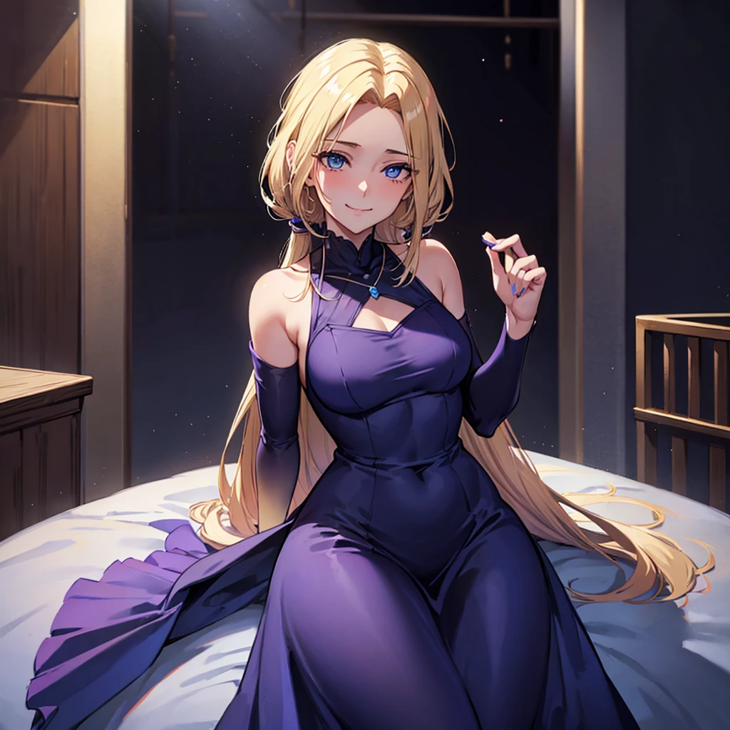 1 girl, breasts big, hourglass-body, gazing at viewer, high resolution, blue colored eyes, Laughter, hair blonde, very long hair, hair slicked back, Hair over the shoulder, loose hair, flushed, Laughter, make up, slightly-smile, excited face, ass pov, anime styling, wearing a short, sleeveless purple dress, necklace with small blue pigment, fully body, background dentro do shopping, many people, during daytime, clear lighting