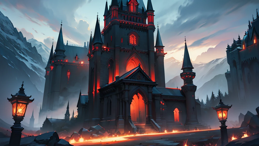huge, impressive castle, breathtaking dark red-black theme, swirling mists, beautiful and intricate details, darkness, vampire castle, mountains in the background, bats, ( ,8k,high,masterpiece:1.2),ultra-detailed,realistic,photorealistic,photorealistic: 1.37, film composition, dramatic lighting, bright colors, vivid colors, depth of field, digital painting, concept