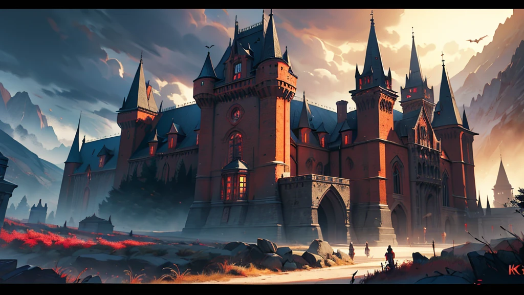 huge, impressive castle, breathtaking dark red-black theme, swirling mists, beautiful and intricate details, darkness, vampire castle, mountains in the background, bats, ( ,8k,high,masterpiece:1.2),ultra-detailed,realistic,photorealistic,photorealistic: 1.37, film composition, dramatic lighting, bright colors, vivid colors, depth of field, digital painting, concept