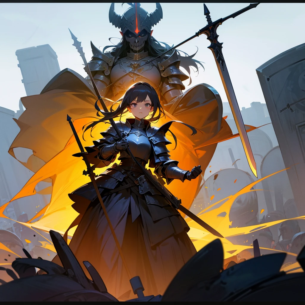 high resolution、Warrior Girl。armor、sword、Equipped with a shield。Fantasy、beautiful。Protected by the Dark Grim Reaper。Overall black image Medieval European fantasy。Stand up to the battle