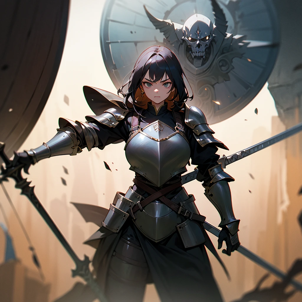 high resolution、Warrior Girl。armor、sword、Equipped with a shield。Fantasy、beautiful。Protected by the Dark Grim Reaper。Overall black image Medieval European fantasy。Stand up to the battle