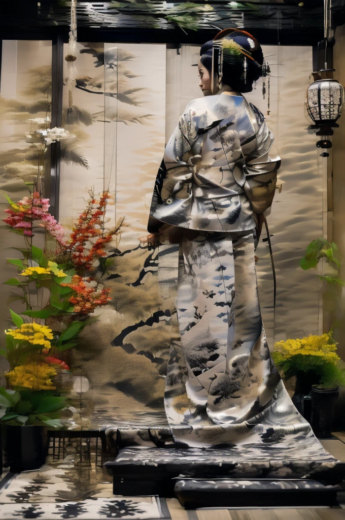 Sumi-e style,Monochrome,Black and white painting,splash,Oiran,(A kimono with a wide open back collar that allows the back to be seen from the nape of the neck:1.2),(華やかに化粧をしたOiran),(Ornately decorated５Put a big hairpin made of a book in your hair:1.2),Gorgeous Japanese clothing,Large umbrella,Night scenery with lanterns lined up,