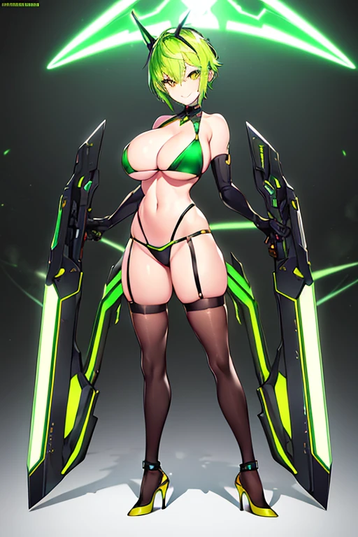 1girl, green hair, pixie cut, very short hair, spiked hair, yellow eyes, futuristic, science-fiction, neon lights, neon trim, black bikini, highleg, highleg bikini, smile, light smile, gloves, machinery, tech, head-mounted display, vr visors, green trim, thighhighs, large breasts, full body, ((full body((, standing, high heels