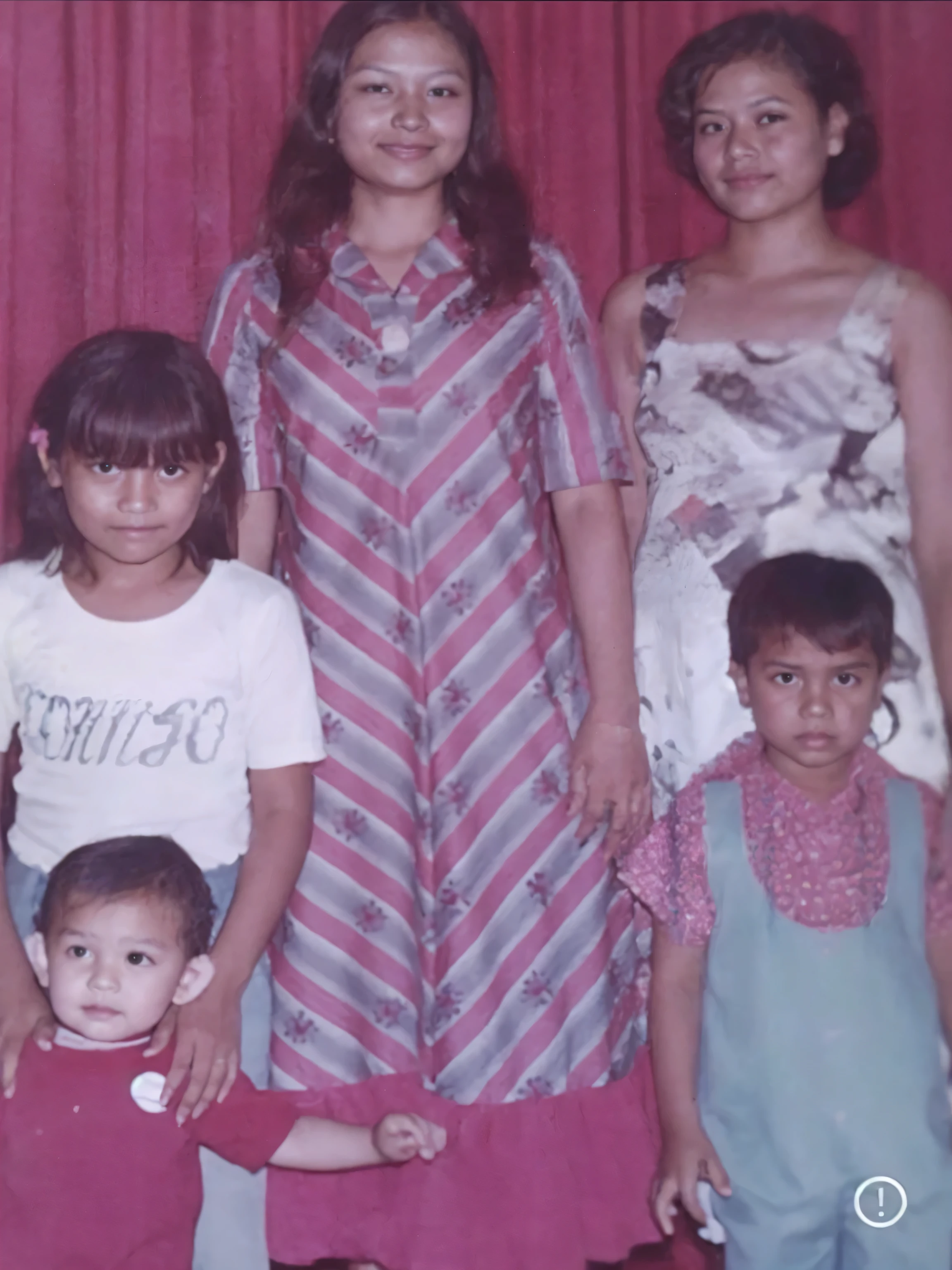 Make this photo look realistic and detailed, there are a group of children posing for a picture together, old picture, an indonesian family portrait, profile pic, profile picture, old photo, scanned in, siblings, family portrait, barong family, 1 9 7 0 s photo, 1970s photo, 70s photo, 7 0 s photo, scanned, about 3 5 years old