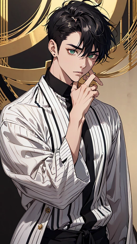 japanese, Man, young man, black hair, dark circles under the eyes, dark circles under the eyes, narrow eyes, green eyes, black and white striped shirt, gold earrings, thin body, short bangs, shaved sides, black ring on middle finger of right hand, upper body