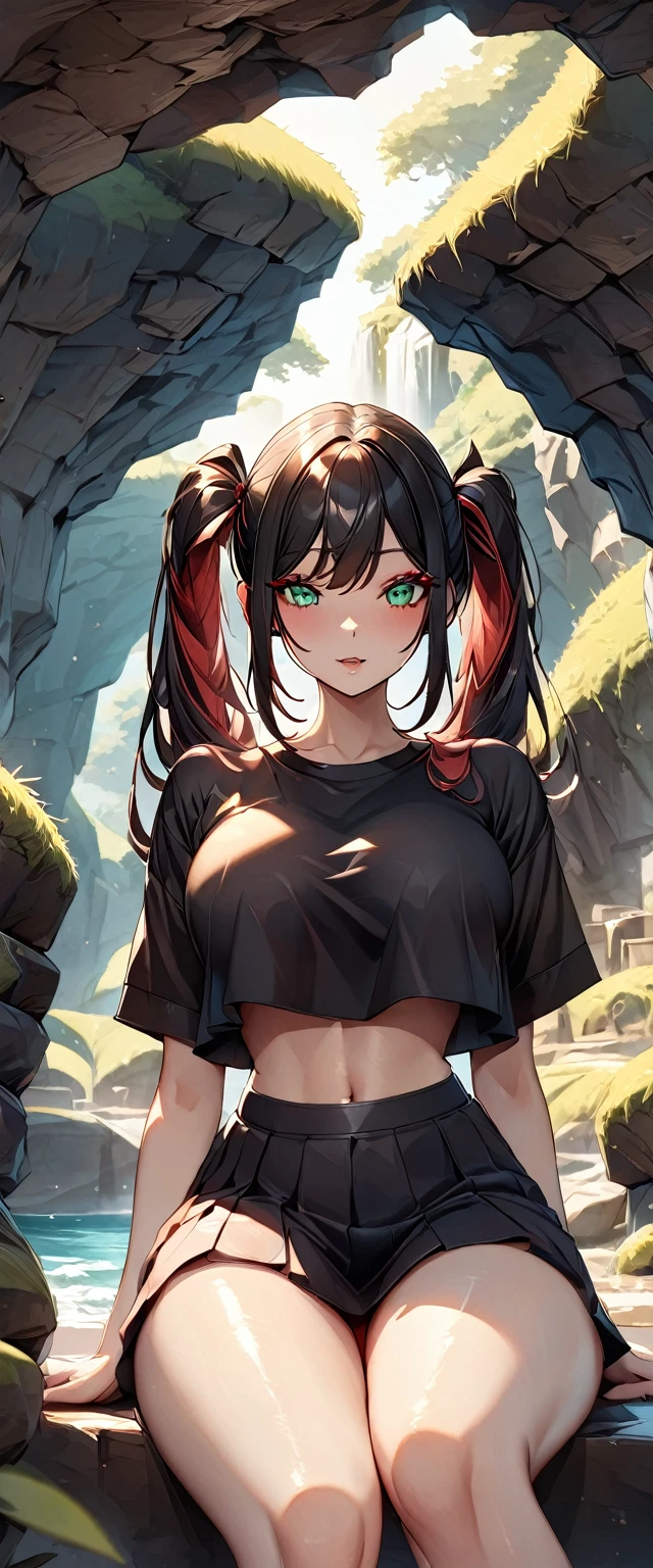 Photo of a woman with natural skin, Upper Body, Seaside cave, The light is shining in, High Twintails, Black hair with red mesh, Sharp eyes with red eyeshadow, Blue-green eyes, Shining eyes, A thin, upturned nose, Well-shaped lips, Big Breasts, ((crop top overhang, Thighs, Glamour body)), Makeup, Exquisitely crafted with the utmost attention to detail, Vibrant, amazing, Smooth, Cinematic, 4K, Backlight, (()), Shallow depth of field, ((Detailed eyes:1.3, Detailed lips:1.3, high quality, )), masterpiece, Super detailed images, High quality