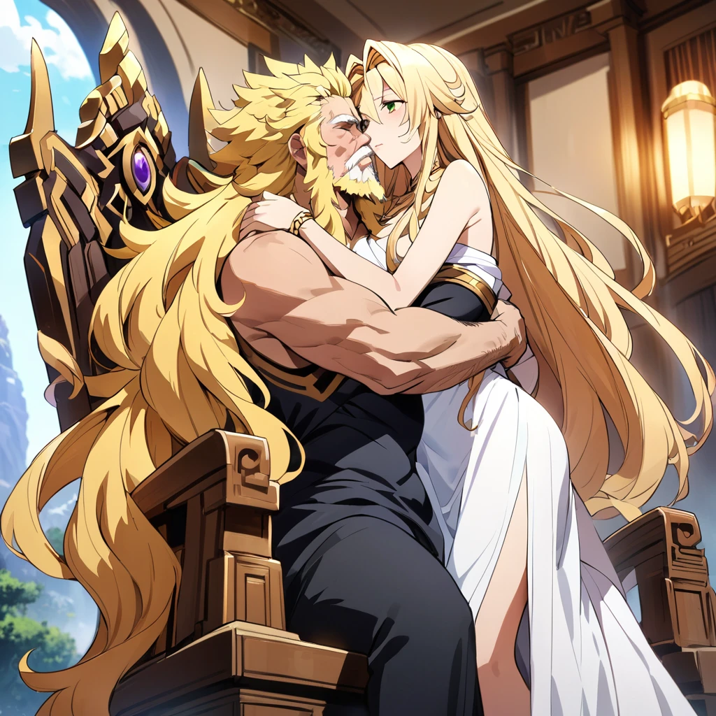 ((Highest quality)), ((masterpiece)), (detailed), (Perfect Face)、A woman is a goddess, both in mind and body, who became the goddess Hera in Greek mythology.々Hera, the wife of Zeus, king of the gods, is a goddess and queen who happily hugs and kisses a man.、The woman was the queen of Zeus, the goddess Hera. She had green eyes, blonde medium-long hair, was wearing a gorgeous white ancient Greek Doric chiton, an engagement ring, and gorgeous accessories. She was an elegant, graceful, and beautiful goddess, Hera, the wife of Zeus.、A woman is embracing, kissing and cuddling with the majestic, bearded, elderly god Zeus, wearing a white ancient Greek Doric chiton, on a luxurious throne in a temple、The man is a bearded old man wearing a dignified white ancient Greek Doric chiton, the god Zeus, embracing and kissing a woman