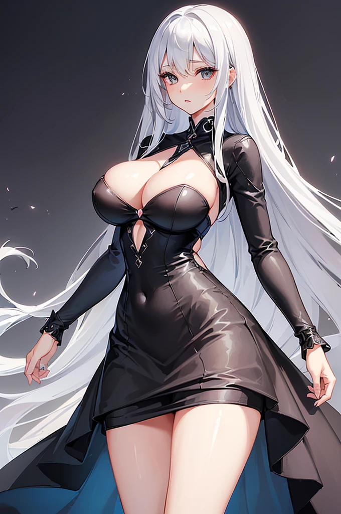 (Woman) ((sexy black dress with great details and necklines on the breasts)) (in new york at night) ((defined body)) (big straight silver hair) ((image in the highest quality)) (full of details) (unrela engine-5)  ((large and well detailed breasts)) (muslos grandes) (big-ass)