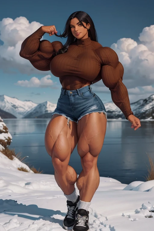 ((Close view)), tall, black haired woman, long straight hair, light brown skinned, closed smile, (massive muscles), (hyper muscles), (ginormous bulky muscles), orange eyes, ((long sleeve black turtleneck sweater and denim shorts)), sneakers, choker, sneakers, (in snowy hills)