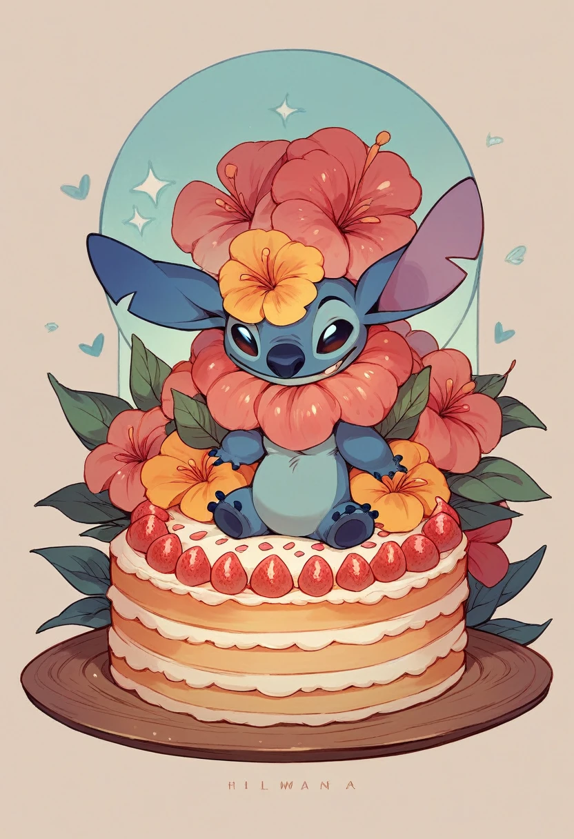 Two-tier cake that has Stitch and angel sitting on the cake decorated with a very beautiful Hawaiian theme 