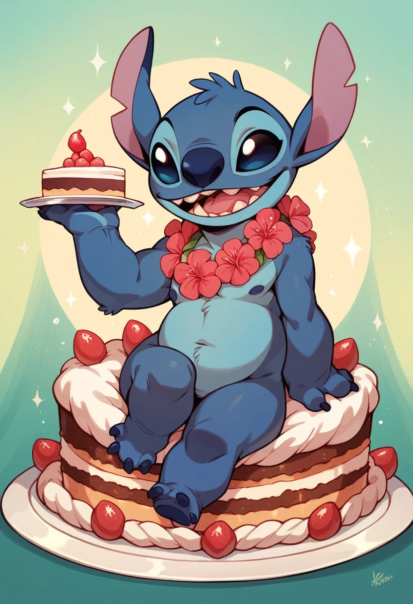 Two-tier cake that has Stitch and angel sitting on the cake decorated with a very beautiful Hawaiian theme