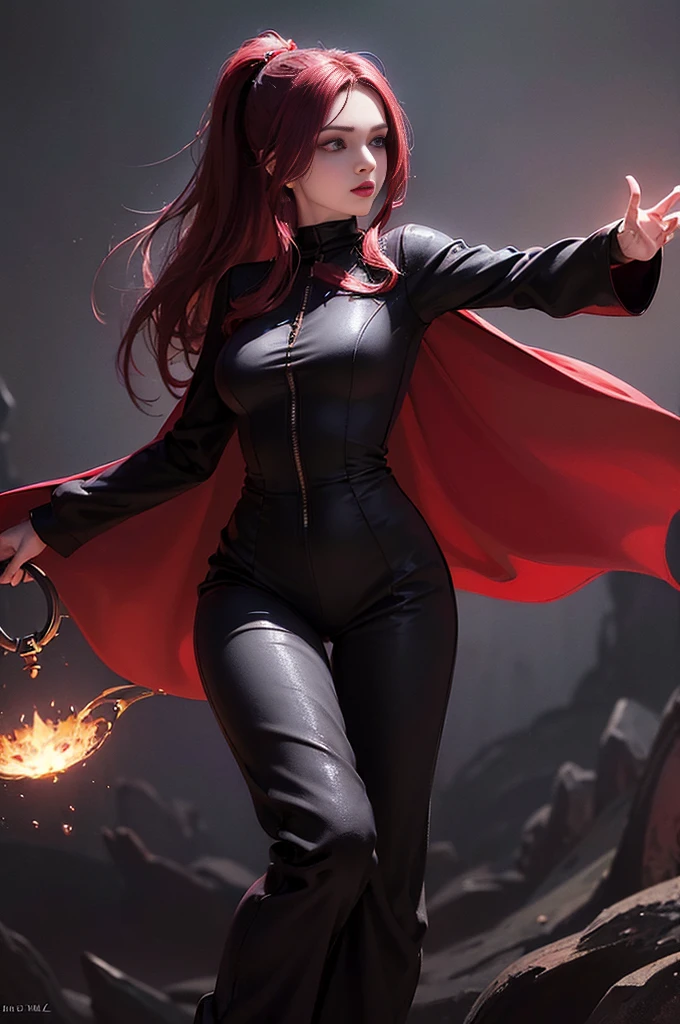 (skindentation:1.5), Realistic, Photorealistic, (masterpiece:1.5), concept art, intricate details, highly detailed, photorealistic, octane render, 8k, unreal engine, dynamic pose, best quality, highres, (realistic face:1.1), (hyperrealistic:1.1), (((full body))), perfect eyes,(shiny skin:1.2), (((hairstyle))), (((perfect handtremely detailed background), ((dynamic background)), ((1girl)), (((wearing black jumpsuit, dark red long wizard cape))), ((detailed eyes, high quality eyes, high quality face)), (extremely intricate cape), red long hair, ((two low ponytails)), dramatic, depth of field, bokeh, 4k, (((underworld))), (((black magic witch))), (((fierce eyes))), ((dark eye liners and eye shadow)), ((floating in the air))