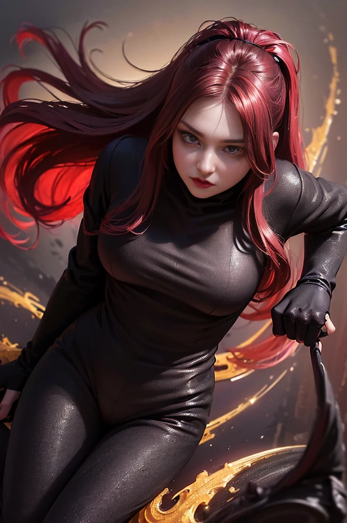 (skindentation:1.5), Realistic, Photorealistic, (masterpiece:1.5), concept art, intricate details, highly detailed, photorealistic, octane render, 8k, unreal engine, dynamic pose, best quality, highres, (realistic face:1.1), (hyperrealistic:1.1), (((full_body))), perfect eyes,(shiny skin:1.2), (((hairstyle))), (((perfect handtremely detailed background), ((dynamic background)), ((1girl)), (((wearing black jumpsuit, dark red long wizard cape))), ((detailed eyes, high quality eyes, high quality face)), (extremely intricate cape), red long hair, dramatic, depth of field, bokeh, 4k, (((underworld))), ((floating in the air)), (((black magic witch))), (((fierce eyes)))