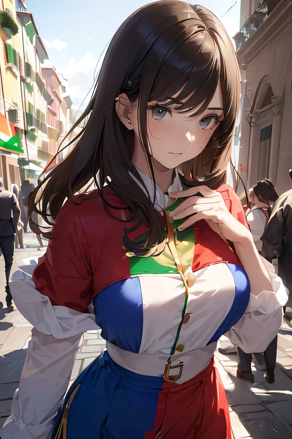 (((Costume inspired by the Italian flag:1.3))),(((Woman in men's clothing:1.3))),( Italian tricolor flag),(masterpiece,Highest quality,Ultra-high resolution output images,Write boundary depth,Intricate details,Adding dimension to your subject with the contrast of light and shadow,Anatomically correct facial structure),(Picture Mode Ultra HD,)