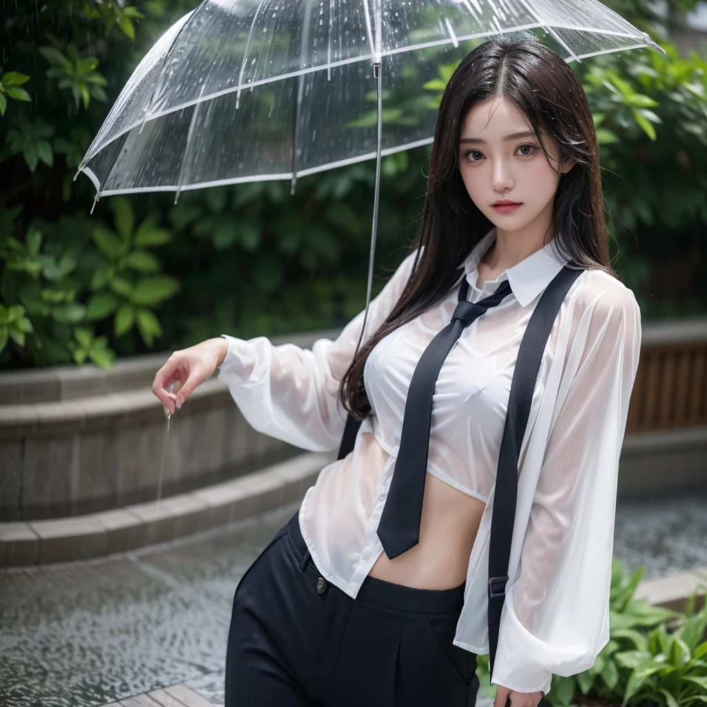 Hair getting wet in the rain、Transparent shirt、Beautiful woman getting wet in the rain、typhoon、Get wet without an umbrella、Beautiful woman in the rain、雨で濡れたBeautyOL、Detailed face、Realistic、beautiful girl、Beauty、Office Lady Uniform、beauty、Beautiful woman、Narrow waist、Handsome woman、Tight pants look、suit、Sexy pose、タイトなsuitパンツ、雨で濡れたsuit、Wet shirt、See-through shirt、Shot in heavy rain、See-through underwear