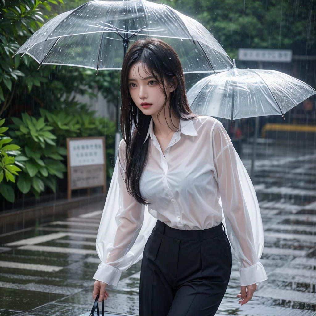 Hair getting wet in the rain、Transparent shirt、Beautiful woman getting wet in the rain、typhoon、Get wet without an umbrella、Beautiful woman in the rain、雨で濡れたBeautyOL、Detailed face、Realistic、beautiful girl、Beauty、Office Lady Uniform、beauty、Beautiful woman、Narrow waist、Handsome woman、Tight pants look、suit、Sexy pose、タイトなsuitパンツ、雨で濡れたsuit、Wet shirt、See-through shirt、Shot in heavy rain、See-through underwear
