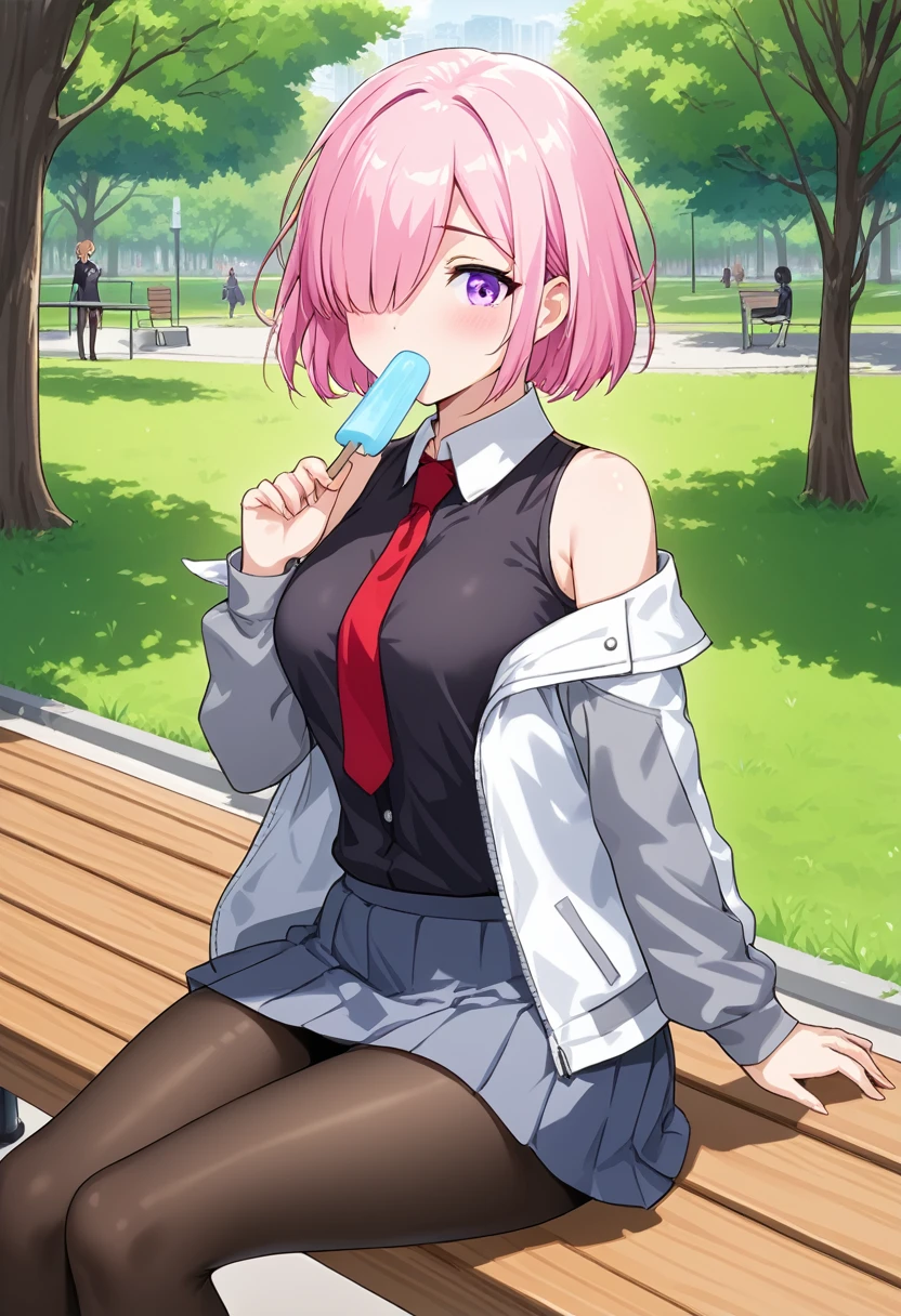 1 woman, Short hair, pink hair, purple eyes, hair above one eye, black shirt, white collar, red tie, Two-tone jacket, white jacket, gray sleeves, long sleeves, skirt, pantyhose, outdoors, seat, park, off shoulder, bare shoulders, popsicle score_9, score_8_consolation, score_7_consolation, score_6_consolation, score_5_consolation, score_4_consolation, BREAK Source_japanese cartoon movies, ((masterpiece,꽉끼는 skirt)), A beautiful smile, office job,((tight skirt)),발가락,양말, 