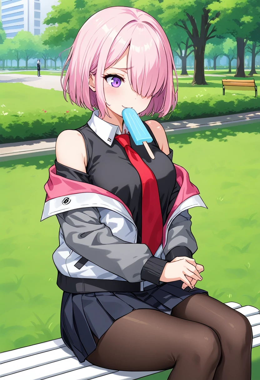 1 woman, Short hair, pink hair, purple eyes, hair above one eye, black shirt, white collar, red tie, Two-tone jacket, white jacket, gray sleeves, long sleeves, skirt, pantyhose, outdoors, seat, park, off shoulder, bare shoulders, popsicle score_9, score_8_consolation, score_7_consolation, score_6_consolation, score_5_consolation, score_4_consolation, BREAK Source_japanese cartoon movies, ((masterpiece,꽉끼는 skirt)), A beautiful smile, office job,((tight skirt)),발가락,양말, 