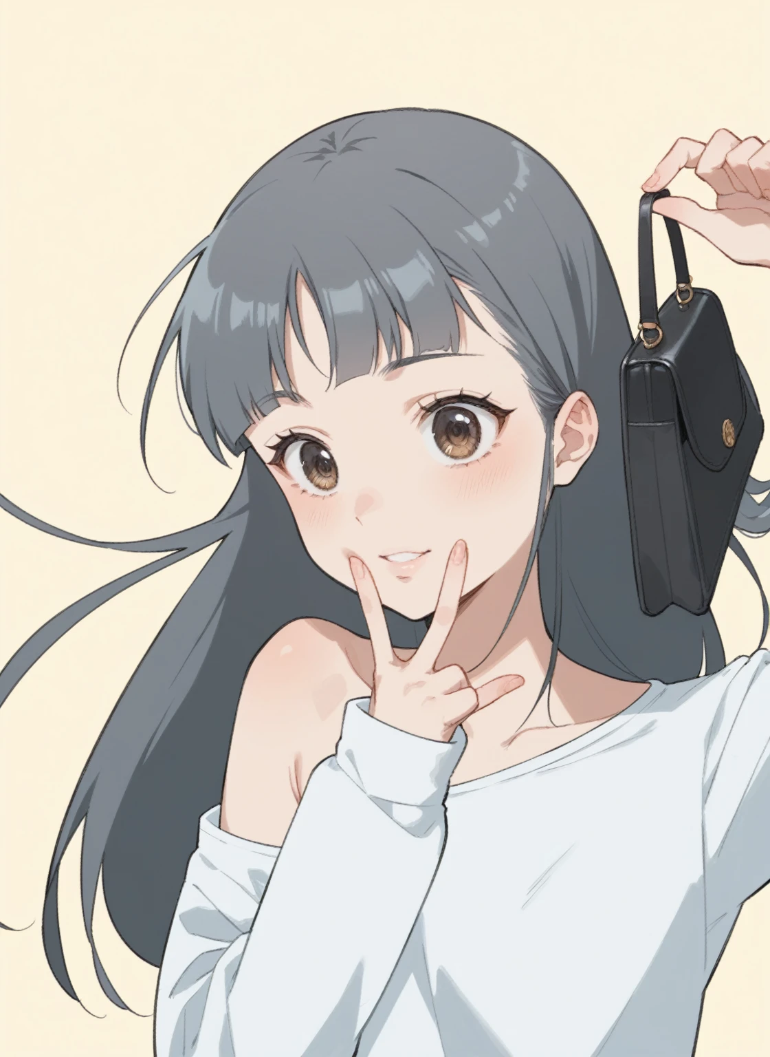 anime girl with long black hair and white shirt holding a black purse, anime moe artstyle, flat anime style shading, anime visual of a cute girl, in an anime style, style of junji ito, in anime style, anime portrait of shiina ringo, vector shaded anime, cel shaded anime, junji ito 4 k, anime girl with long hair
