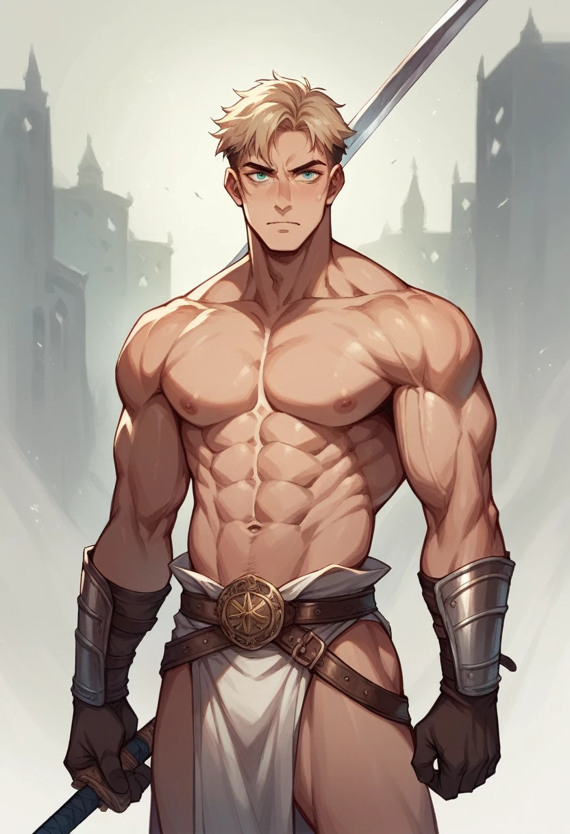 create a warrior man with swords, with soft eyes and hair, athletic body, and light skin