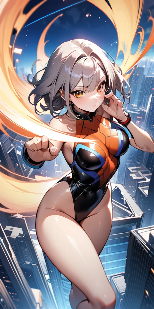 ((Highest quality、masterpiece、anime style、best quality、high resolution、8k、detailed、ultra-detailed:1.3))、Long legs、Sharp focus:1.2, Beautiful woman with perfect figure:1.4、(Smiling:1.2), double eyelid、30-year-old female、Sexy pose、((((Close your mouth、One Woman、High leg leotard:1.5))))、movement,Dynamism、Fighting Pose、Vertical Roll、The background is a futuristic city