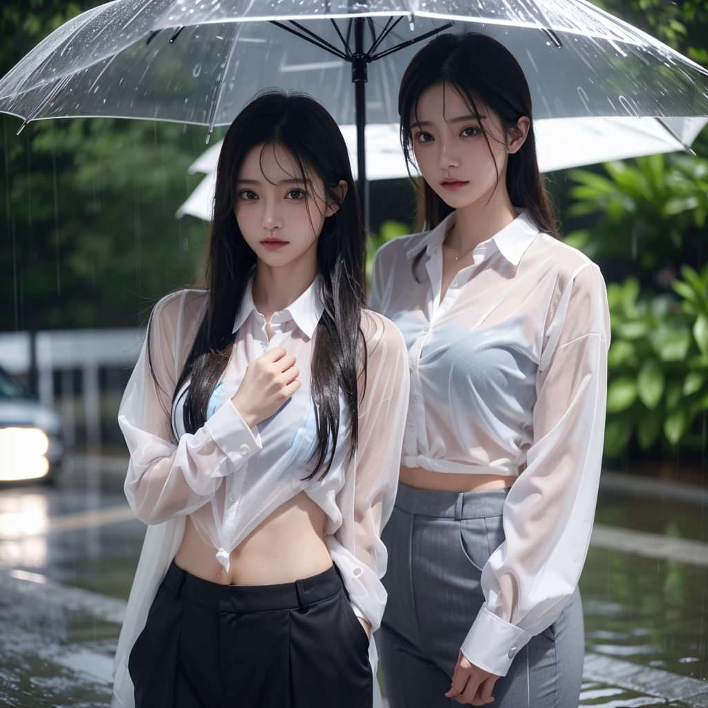 Hair getting wet in the rain、Transparent shirt、Beautiful woman getting wet in the rain、typhoon、Get wet without an umbrella、Beautiful woman in the rain、雨で濡れたBeautyOL、Detailed face、Realistic、beautiful girl、Beauty、Office Lady Uniform、beauty、Beautiful woman、Narrow waist、Handsome woman、Tight pants look、suit、Sexy pose、タイトなsuitパンツ、雨で濡れたsuit、Wet shirt、See-through shirt、Shot in heavy rain、See-through underwear