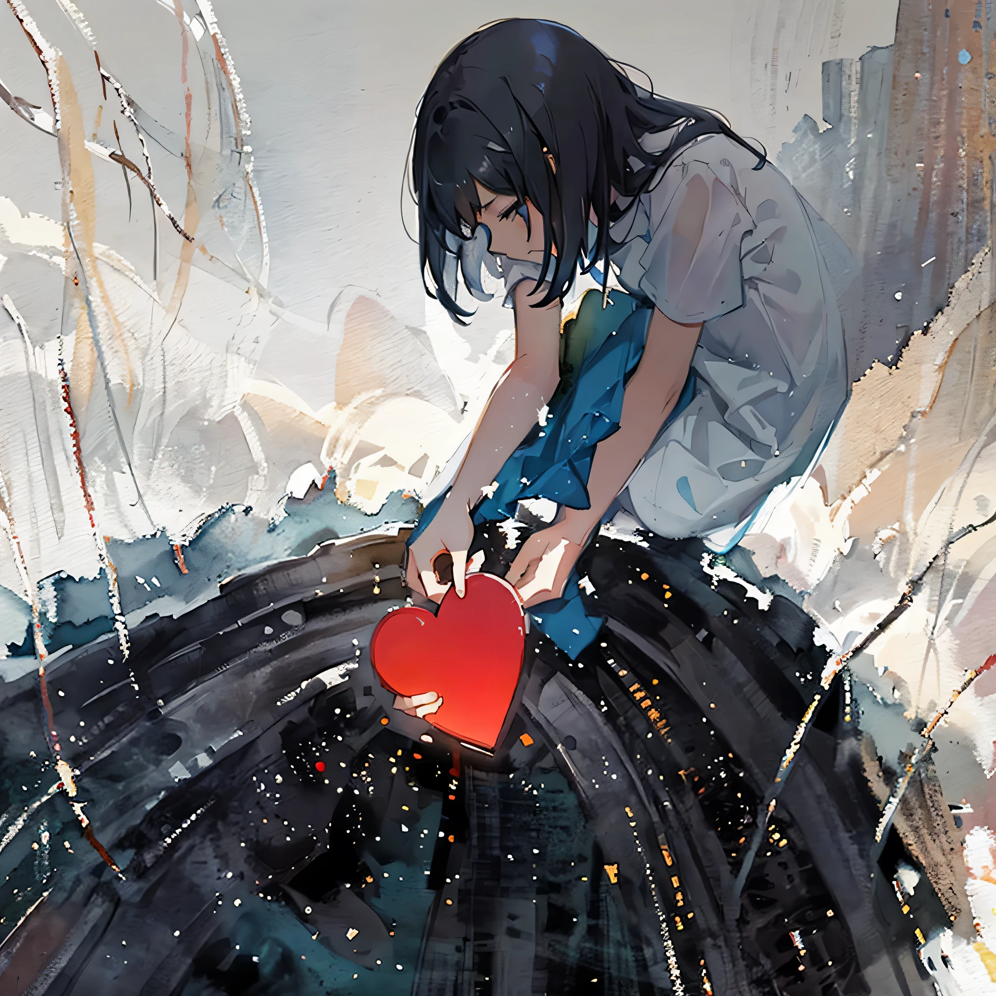 painting of a girl in a blue dress holding a red heart, illustration!, by Pascale Campion, inspired by Pascale Campion, by Riusuke Fukahori, inspired by Itō Shinsui, illustration », emotional picture, broken heart, artistic illustration, beautiful depiction, emotional sad painting, unrequited love, by Relja Penezic, (Masterpiece), (best detail), (Best quality), (((aquarelle))), Watercolor background, cheerfulness, Young and good-looking, (Vintage background)