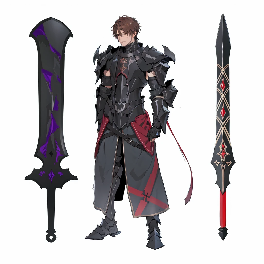 masterpiece,best quality,1 black knight wearing ebony armor,\(herrscher of finality\),brown hair,solo,full body, besides two black iron great swords filled with details, + +,tight black,(((dark armor set))),((fantasy character)), anime character sheet