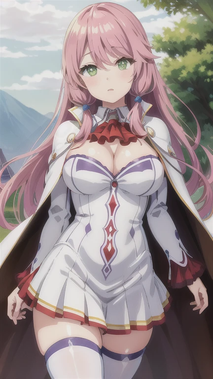 masterpiece, best quality, highres, aaflare, long hair, hair bobbles, bangs, green eyes, red ascot, white capelet, cleavage, white dress, long sleeves, white thighhighs, cowboy shot, standing, outdoors,