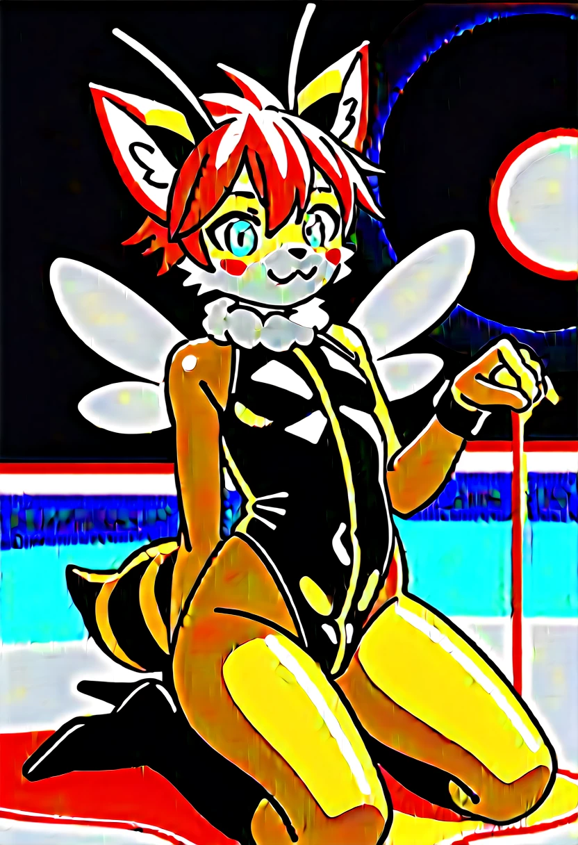 Highest quality, Highest quality, High quality illustrations, masterpiece, Ultra-high resolution, Detailed Background, Honey Pool, Absurd, Perfect Anatomy, performance, Good lighting, Shadows in the movies(kemono, Furry Personifi猫ion), fox, male, Rubber Suit, Honey Latex, Honey lotion, neon, neonカラー, cyber punk, Bee costume, Bee Cosplay, Rubber bee tail, Bee Wings, enamel, Honey Pool, Honey lotionを浴びている, Covered in honey slime, Kneeling, Tattoo, High heels, null bulge, Dynamic Angle