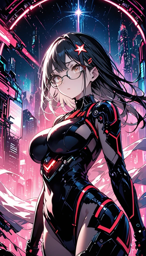 highest quality ,masterpiece, shape, Very delicate and beautiful, Very detailed ,CG ,Unity ,8k wallpaper, wonderful, finely, masterpiece,highest quality,Official Art,Very detailed CG Unity 8k wallpaper,Confused, incredibly Confused, Very detailed, High resolution, Very detailed,Beautiful detailed girl,The light shines on your face, 1 girl, red and black Mecha, armor black, Mechanical_body, Black Hair, Spaceship, city, cyber punk, red star, serious eyes, big tits, glasses, big ass