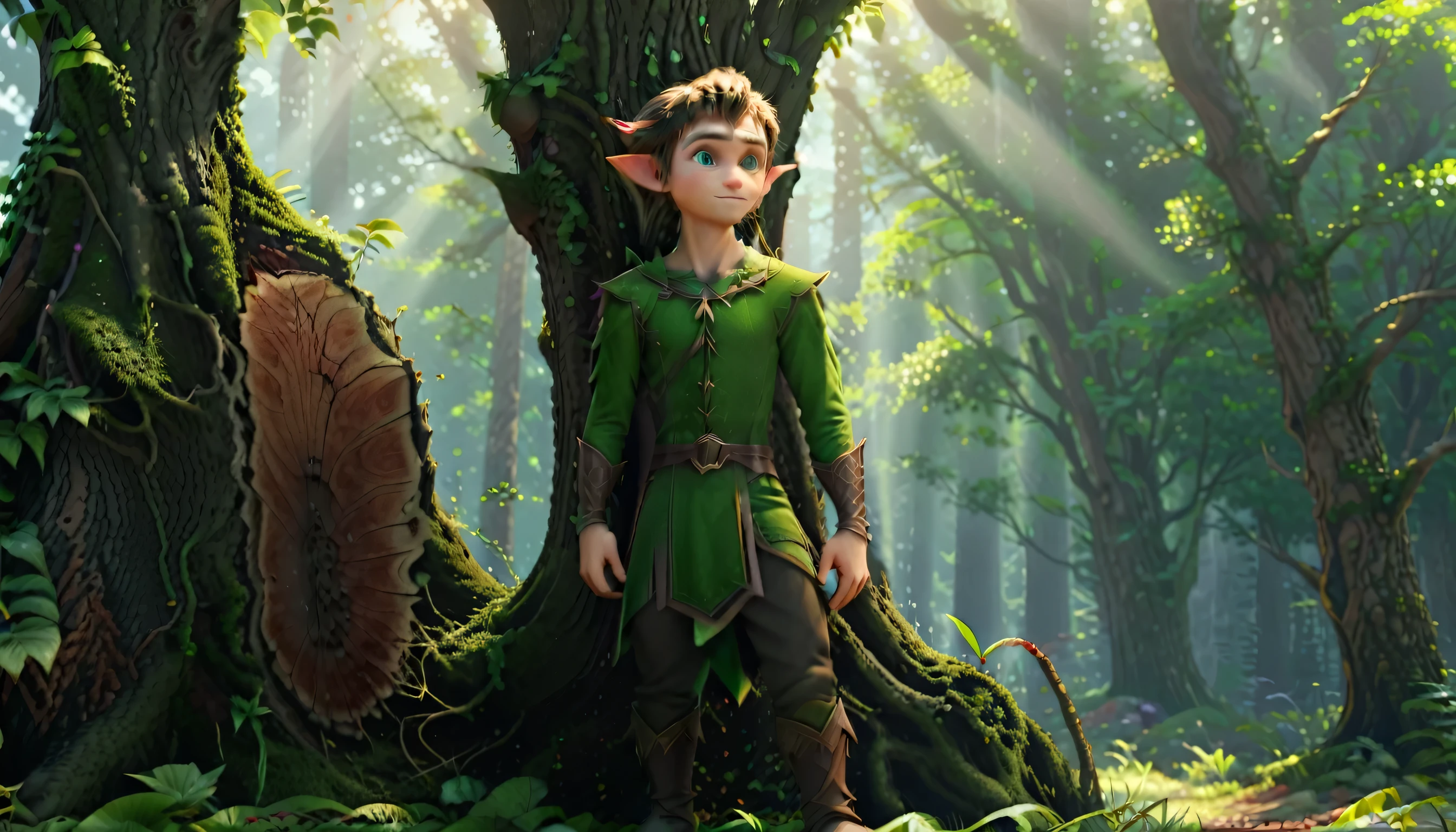 A stunning 3D scene,A male elf standing at the foot of a large tree,Head raised。HD,4K,high quality。